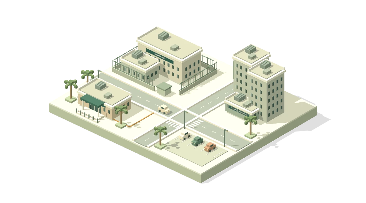 Una maqueta arquitectónica de un distrito de cárceles con edificios de detención, dos torres, recepción, cercas, palmeras y calles cercanas.